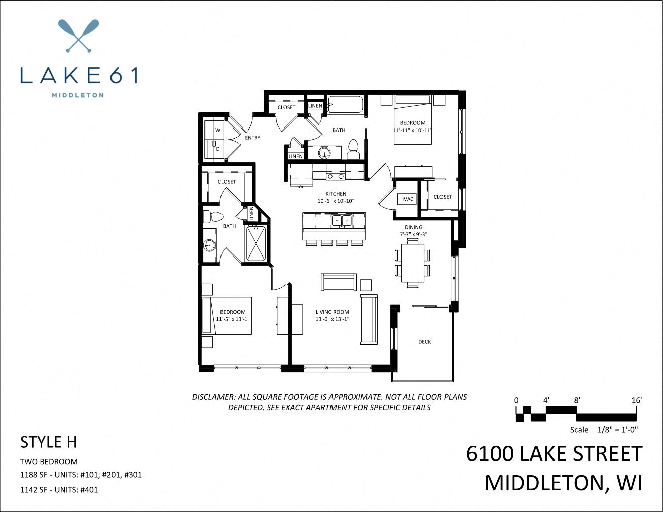 Floor plan for 2 beds, 2 baths, 1188 sqft